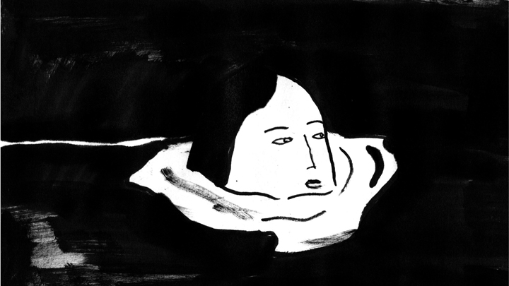 Imagen del film "El dominio de las piedras". Ilustración en la que aparece la cara de una mujer y el fondo negro.