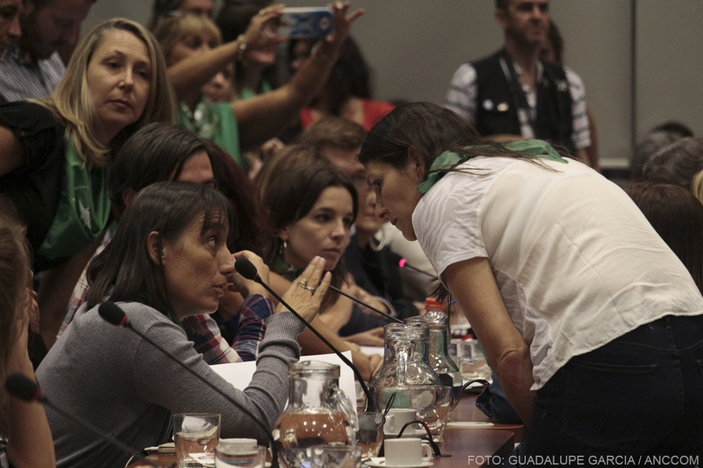 Mujeres en el Congreso con pañuelos verdes debatiendo la despenalización del aborto